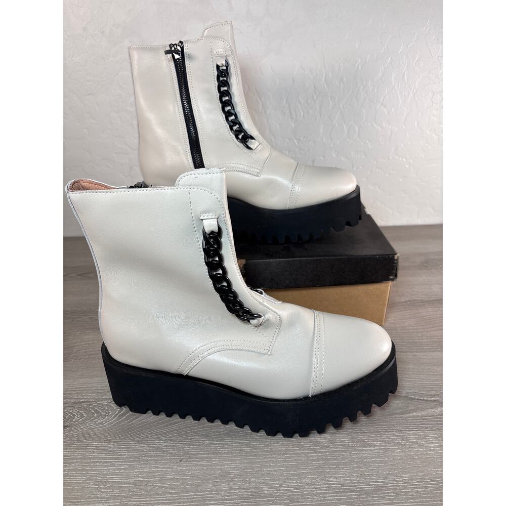 All Black Twin-Chain Flatform Women's White Leather Bootie- Ivory White- Size 40